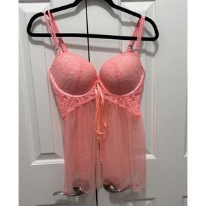 Victoria's Secret Sexy Babydoll Lingerie Sheer Lace Bra 36D Coral Pink
